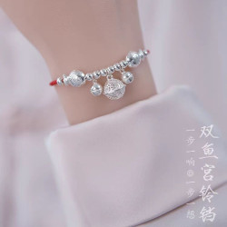 足銀999雙魚宮鈴 鈴鐺手鏈純銀手工編織腳鏈本命年古風一步一響