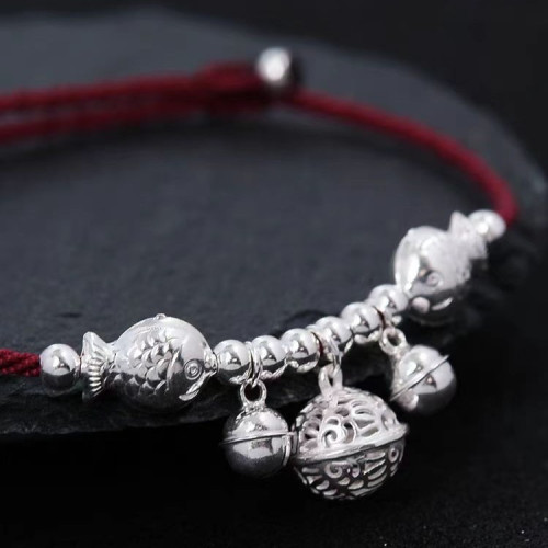 足銀999雙魚宮鈴 鈴鐺手鏈純銀手工編織腳鏈本命年古風一步一響