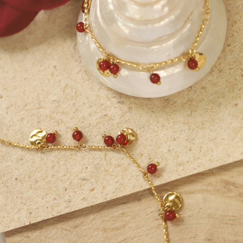 SL120  復古波嬉風 亮片金幣紅果果櫻桃紅瑪瑙手鏈 鈦鋼鍍金