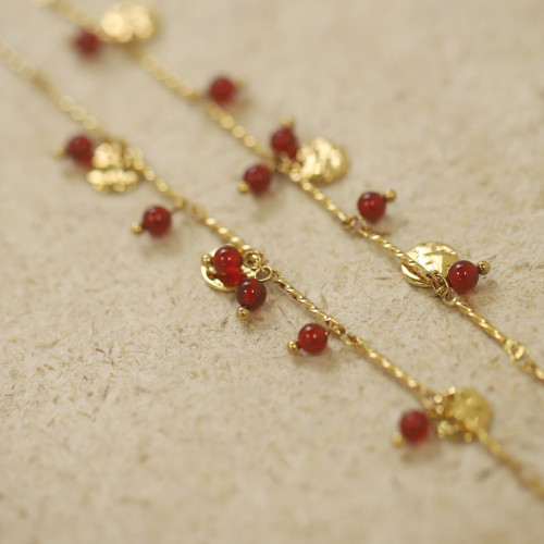 SL120  復古波嬉風 亮片金幣紅果果櫻桃紅瑪瑙手鏈 鈦鋼鍍金