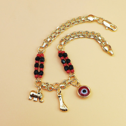 款波西米亞風格 紅黑串珠 惡魔之眼小象手鏈 銅鍍14K金