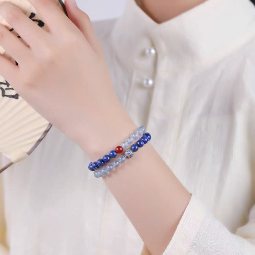 天然青金石手鏈女款輕奢小衆精緻海藍寶玉髓串珠水晶手串曡戴雙圈