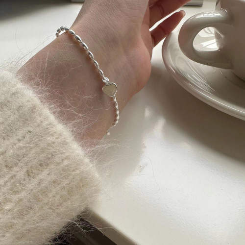 白貝母愛心米粒氣質手鏈S925純銀ins小衆設計百搭輕奢曡戴手飾潮