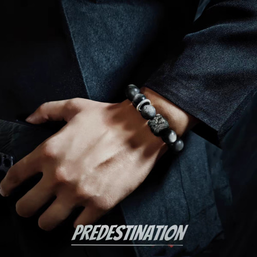 天然銀曜石國潮醒獅手鏈銀跑環星球珠黑曜石單圈手串潮流高級飾品 天然銀曜石國潮醒獅手鏈銀跑環星球珠黑曜石單圈手串潮流高級飾品