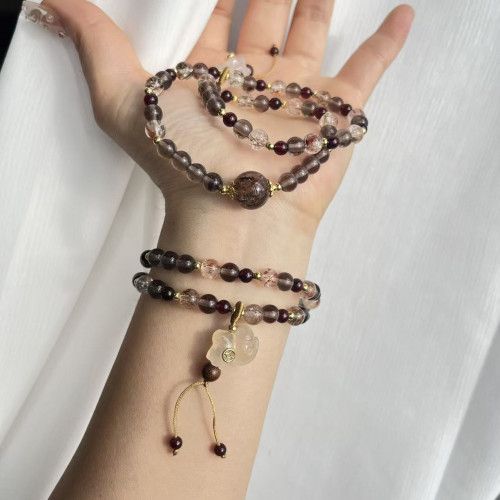 【立馬有錢】天然黑金超七冰曜石百搭手串石榴石金絲檀木瑪瑙小馬