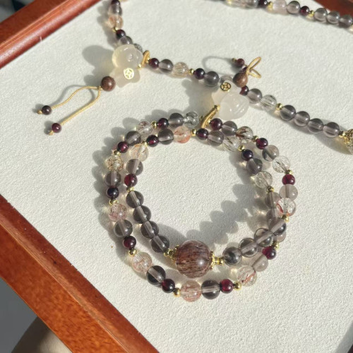 【立馬有錢】天然黑金超七冰曜石百搭手串石榴石金絲檀木瑪瑙小馬