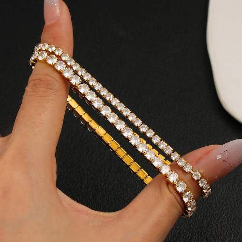 奢華優雅氣質單排彈力滿鑽手鏈不鏽鋼高質感鋯石網球手鏈時尚手鐲