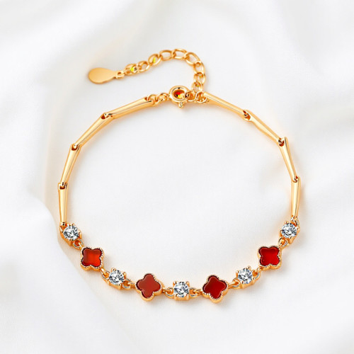 足銀999四葉草瑪瑙手鏈女時尚輕奢韓版高級感森系ins竹節手環