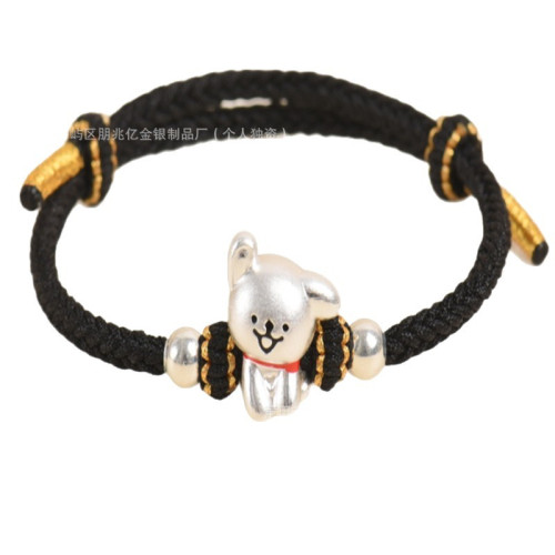 純銀線條小狗手鏈足銀999女男手工編織繩可愛情侶男女生日禮物