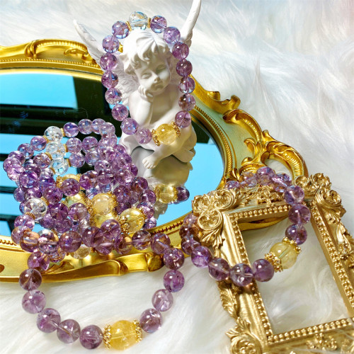 天然DIY紫阿賽手串碎冰冰帶紫水晶閃片水晶手鏈多樣性髮一