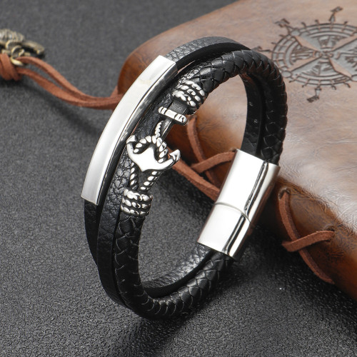 歐美時尚不鏽鋼船錨皮手鏈男士多層牛皮編織鈦鋼手鐲飾品 歐美時尚不鏽鋼船錨皮手鏈男士多層牛皮編織鈦鋼手鐲飾品