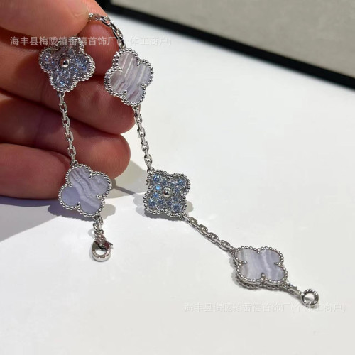 高版新款幸運草花朵手鏈女甜美百搭天然紫玉髓瑪瑙款厚鍍18k