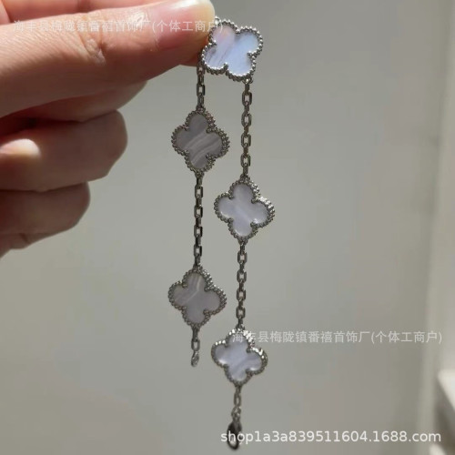 高版新款幸運草花朵手鏈女甜美百搭天然紫玉髓瑪瑙款厚鍍18k