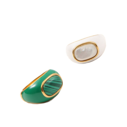 MI麵包戒指  真綠松石 貝母 印章 戒指 鈦鋼電鍍18k金