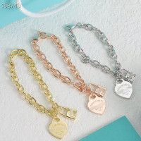 蒂家心形英文吊牌情侶手鏈愛心OT釦藍色琺瑯桃心圈手飾琺瑯工藝