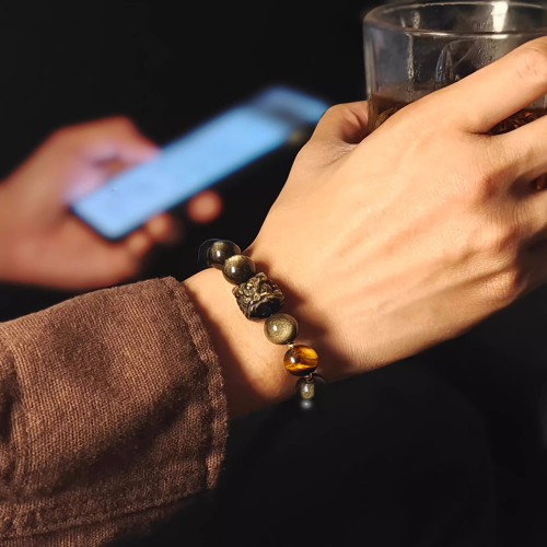 天然銀曜石手鏈國潮醒獅男女士情侶款文玩黑曜石手串金曜石飾品