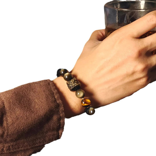 天然銀曜石手鏈國潮醒獅男女士情侶款文玩黑曜石手串金曜石飾品