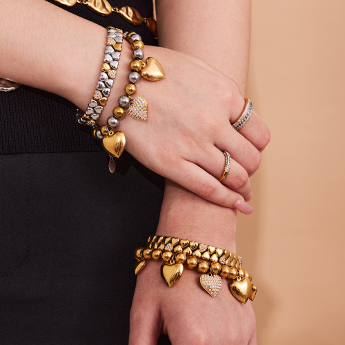 摩天輪中古雙層愛心鑲鑽手鐲女款愛心圓珠彈力繩手鏈氣質曡戴手飾