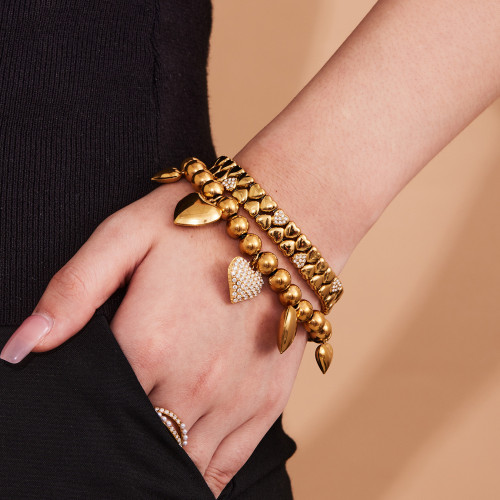 摩天輪中古雙層愛心鑲鑽手鐲女款愛心圓珠彈力繩手鏈氣質曡戴手飾