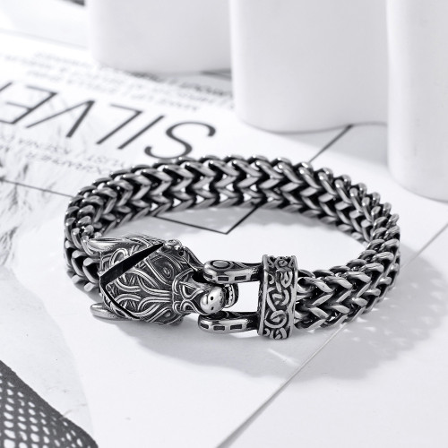 新款北歐維京不鏽鋼男士手鏈復古龐克雙排粗款狼頭手鏈手鐲
