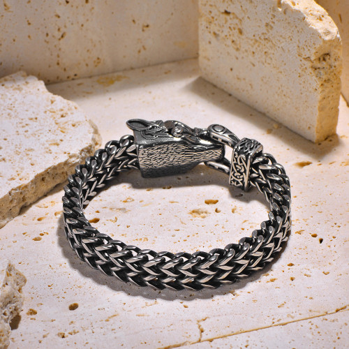 新款北歐維京不鏽鋼男士手鏈復古龐克雙排粗款狼頭手鏈手鐲