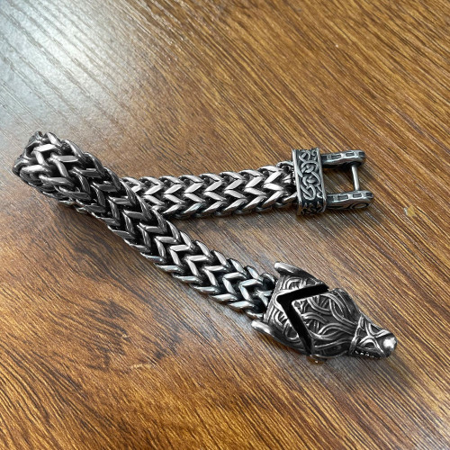 新款北歐維京不鏽鋼男士手鏈復古龐克雙排粗款狼頭手鏈手鐲