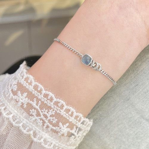 s925純銀方糖海藍寶手鏈女新款輕奢小衆精緻韓版簡約高級感復古