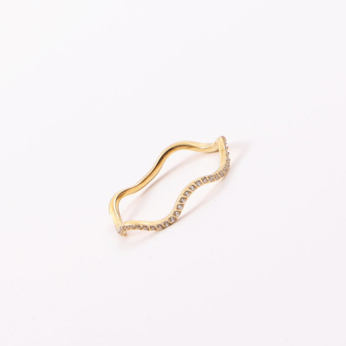 波浪半圈細鑽 細戒指 鈦鋼電鍍18k金