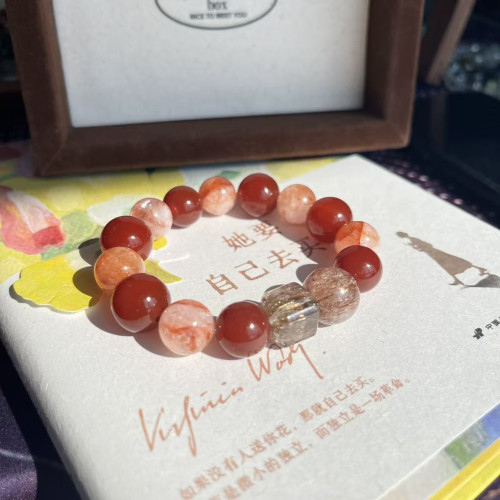 【丹霞流光】天然紅膠花黑金超七手串超七方糖紅瑪瑙小衆輕奢高級