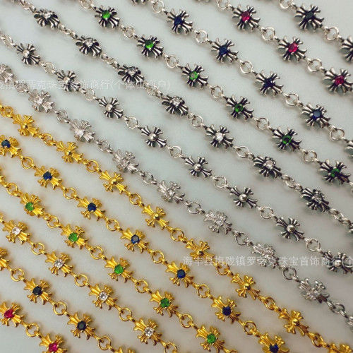 ch潮牌復古做舊克羅伈十字架花手鏈鑲鑽s925銀白鑽男女細手鏈飾品