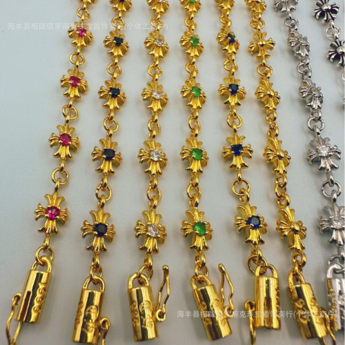 ch潮牌復古做舊克羅伈十字架花手鏈鑲鑽s925銀白鑽男女細手鏈飾品