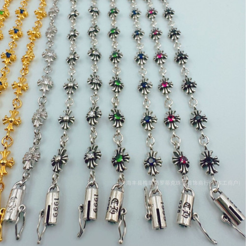 ch潮牌復古做舊克羅伈十字架花手鏈鑲鑽s925銀白鑽男女細手鏈飾品