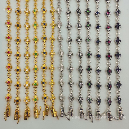 ch潮牌復古做舊克羅伈十字架花手鏈鑲鑽s925銀白鑽男女細手鏈飾品