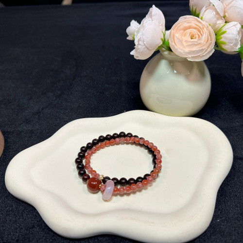 款南紅雙圈手串女生天然水晶曡戴手鏈生日禮物男女原創設計