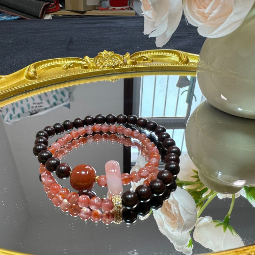 款南紅雙圈手串女生天然水晶曡戴手鏈生日禮物男女原創設計