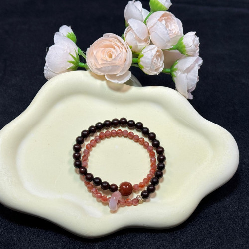 款南紅雙圈手串女生天然水晶曡戴手鏈生日禮物男女原創設計