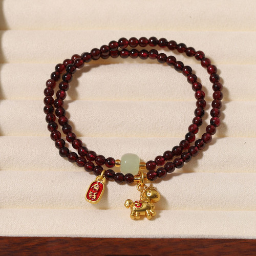 純天然石榴石手串三圈生肖馬手鏈女款和田玉路路通天然石水晶 純天然石榴石手串三圈生肖馬手鏈女款和田玉路路通天然石水晶
