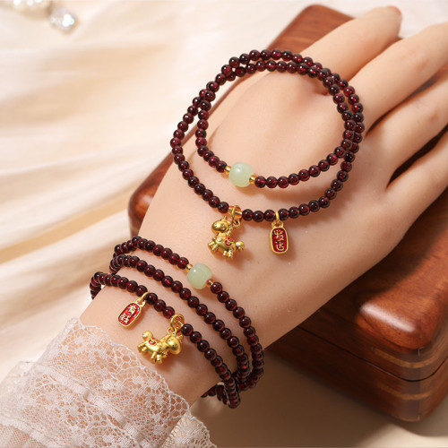 純天然石榴石手串三圈生肖馬手鏈女款和田玉路路通天然石水晶 純天然石榴石手串三圈生肖馬手鏈女款和田玉路路通天然石水晶