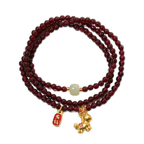 純天然石榴石手串三圈生肖馬手鏈女款和田玉路路通天然石水晶 純天然石榴石手串三圈生肖馬手鏈女款和田玉路路通天然石水晶