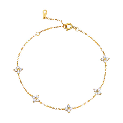 S925銀鍍14K金四葉草滿天星手鏈簡約鋯石純銀女款氣質優雅通勤盛