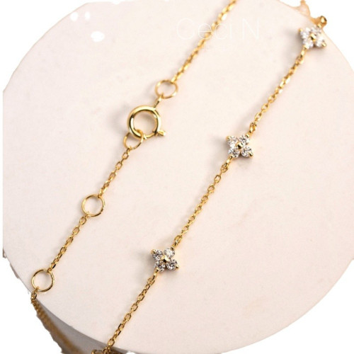 S925銀鍍14K金四葉草滿天星手鏈簡約鋯石純銀女款氣質優雅通勤盛