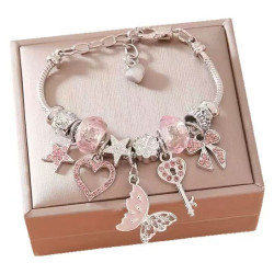 歐美DIY串珠手鏈蝴蝶愛心鑰匙吊墜水鑽爆款手鏈