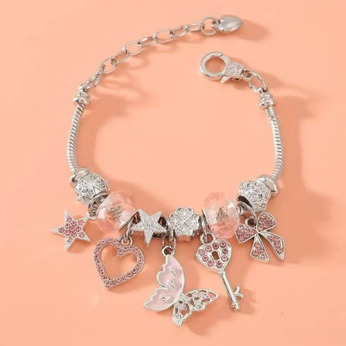 歐美DIY串珠手鏈蝴蝶愛心鑰匙吊墜水鑽爆款手鏈