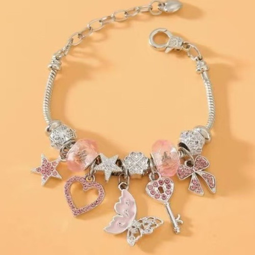 歐美DIY串珠手鏈蝴蝶愛心鑰匙吊墜水鑽爆款手鏈