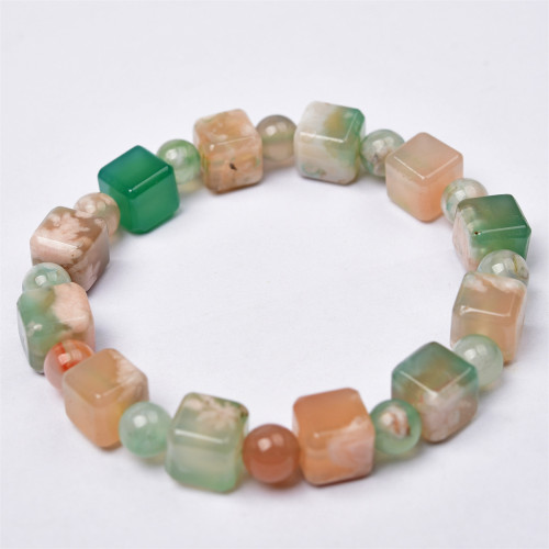 富宏珠寶綠櫻花瑪瑙方糖手鏈櫻花方塊晶體帶飄花簡約百搭手串