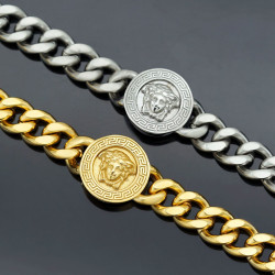 新款手鏈復古符文扁時尚嘻哈電鍍圓形範家美人頭鈦鋼手飾