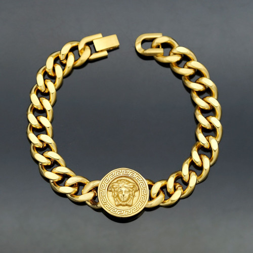 新款手鏈復古符文扁時尚嘻哈電鍍圓形範家美人頭鈦鋼手飾