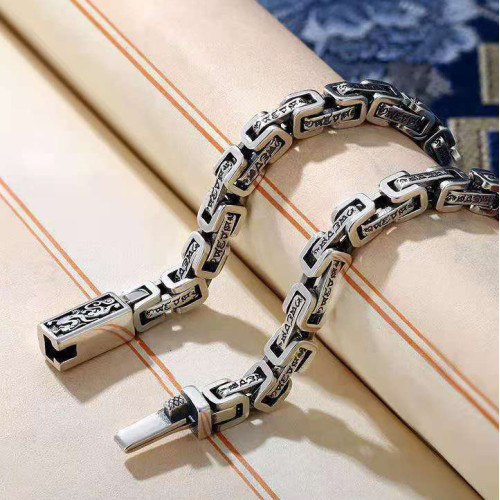 漢風龍紋六字真言環套環銀手鏈男潮流復古潮人嘻哈個性爆款