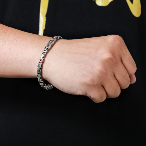 漢風龍紋六字真言環套環銀手鏈男潮流復古潮人嘻哈個性爆款