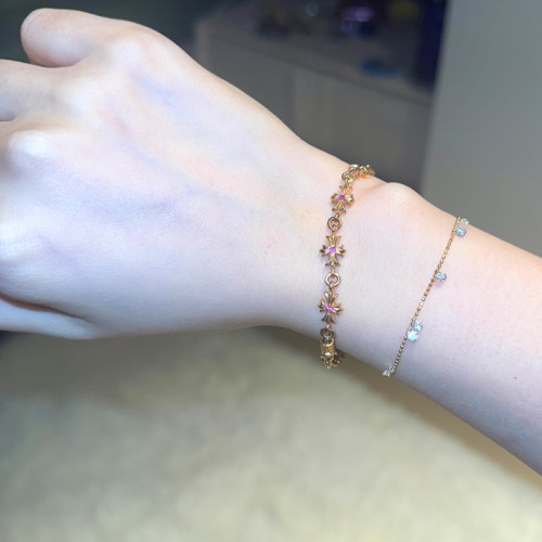 潮款鑲鑽細十字花手鏈男女士手飾泰銀鍍22K金嘻哈插釦插片手環ins